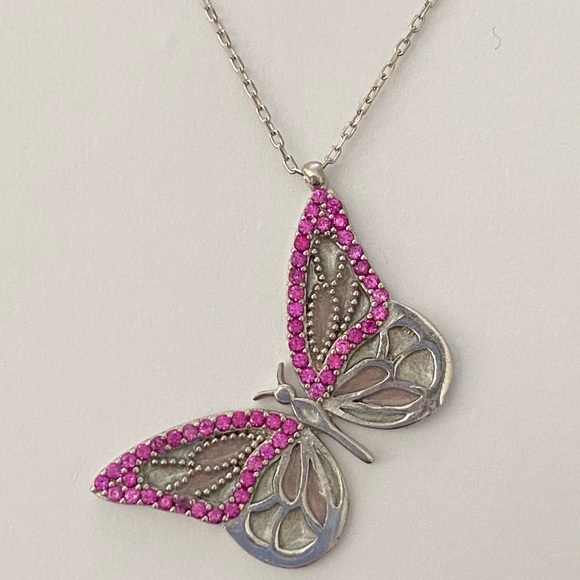 925 Silver butterfly necklace handmade enamel cz stone - Picture 2 of 4